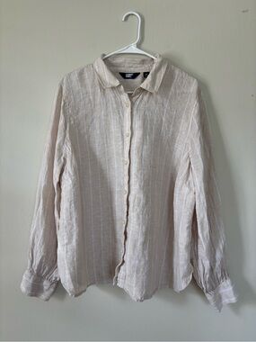 Lands’ End Women’s Button Up Shirt Top Size 1X 16W-18W Striped 100% Linen